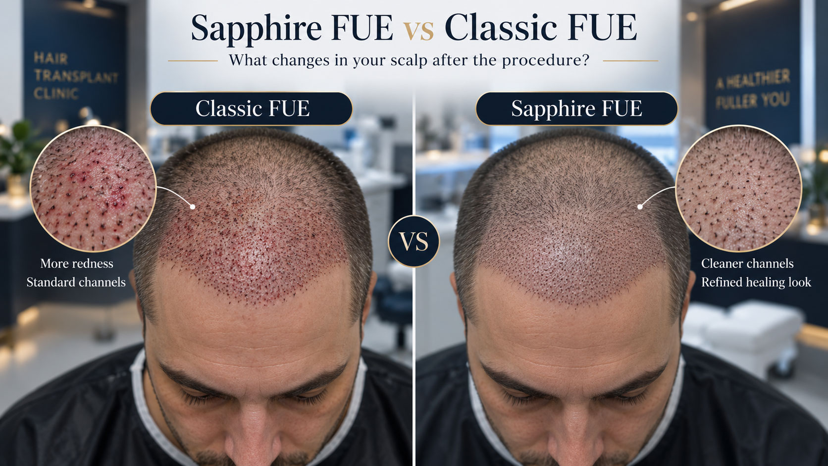 Différences de récupération entre FUE saphir et FUE classique en Turquie